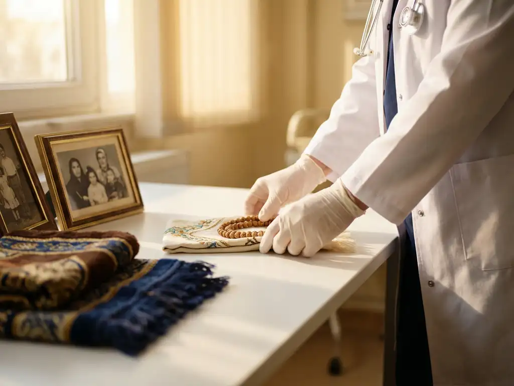 Zorgverlener rangschikt culturele voorwerpen zoals gebedskralen, textiel en familiefoto's op medische consultatietafel in warme kliniekruimte
