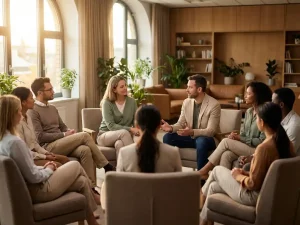 Diverse groep geestelijke gezondheidsspecialisten in cirkel tijdens conferentiesessie, warme natuurlijke verlichting door grote ramen