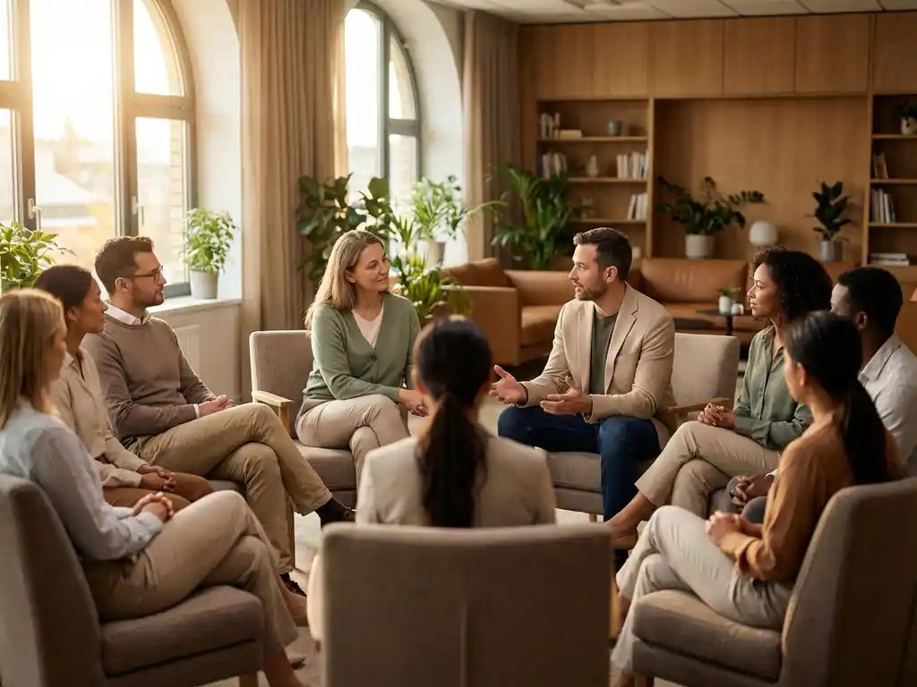 Diverse groep geestelijke gezondheidsspecialisten in cirkel tijdens conferentiesessie, warme natuurlijke verlichting door grote ramen