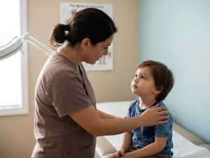 Zorgverlener in scrubs legt beschermende hand op schouder van vertrouwend kind op onderzoekstafel in warme kliniek