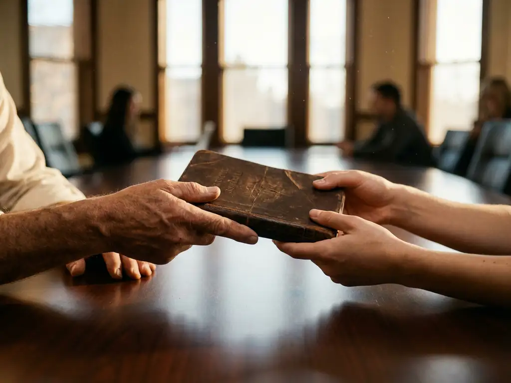 Ervaren handen geven versleten leren medisch dagboek door aan jongere handen over gepolijste houten conferentietafel