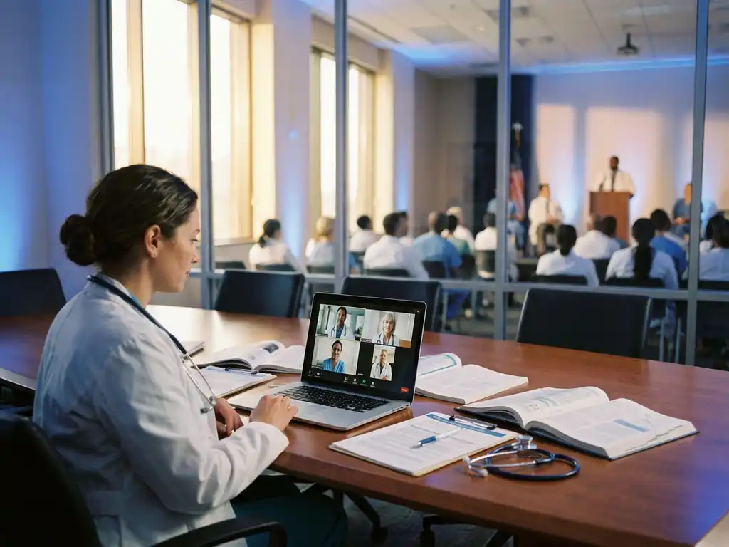 Zorgprofessional aan conferentietafel met laptop voor videogesprek, medisch auditorium met spreker op achtergrond