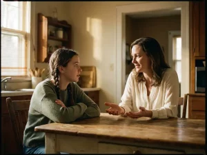 Tienermeisje en moeder in gesprek aan houten keukentafel, warm zonlicht door raam, respectvolle familiediscussie