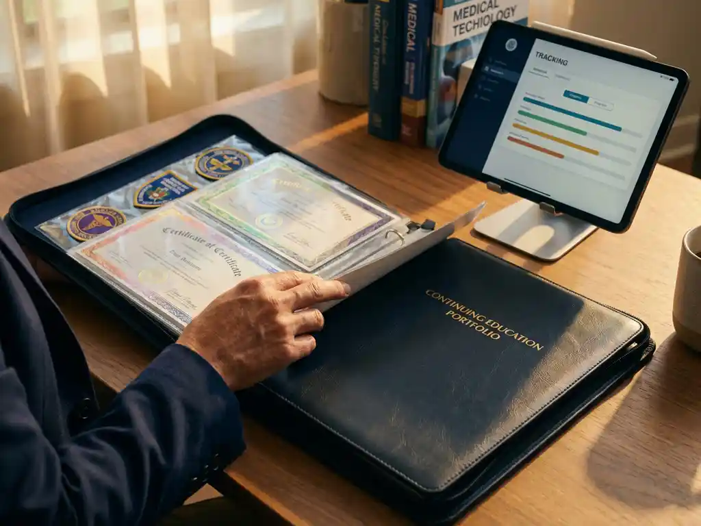 Zorgprofessional bladert door open portfolio met kleurrijke accreditatiecertificaten naast tablet met dashboard op mahonie bureau