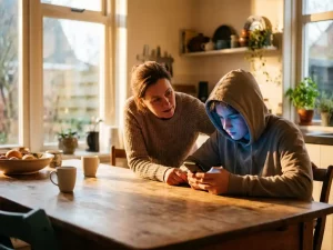 Bezorgde ouder zit tegenover tiener die geabsorbeerd is in smartphone aan houten keukentafel in Nederlands huis
