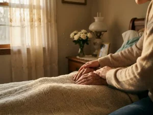 Oudere vrouw's handen rusten op crème deken terwijl zorgverlener troost biedt in warme slaapkamer met zonlicht