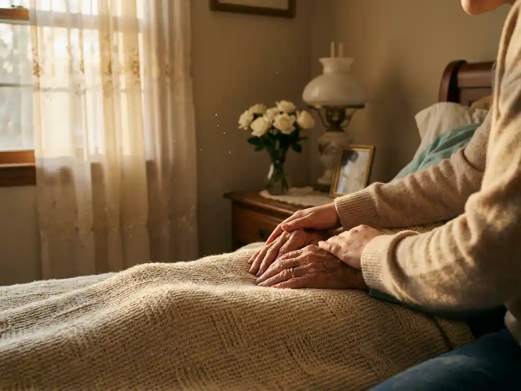 Oudere vrouw's handen rusten op crème deken terwijl zorgverlener troost biedt in warme slaapkamer met zonlicht