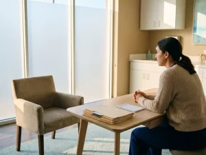 Zorgverlener zit tegenover lege stoel in moderne spreekkamer met medische dossiers op bureau, natuurlijk licht door ramen