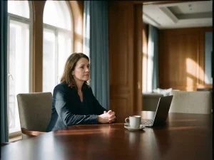 Professionele vrouw in zakelijke kleding zit alleen aan gepolijste vergadertafel, lege stoel tegenover haar met laptop en koffie
