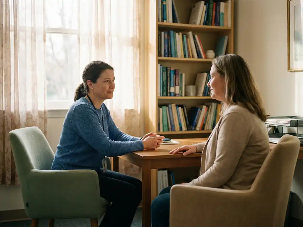Zorgverlener en patiënt in gesprek in warme consultatieruimte met zachte verlichting en comfortabele stoelen
