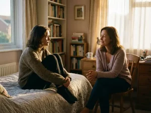 Tienermeisje zit op bed terwijl zorgzame volwassene op stoel nabij zit, warm middaglicht door slaapkamerraam