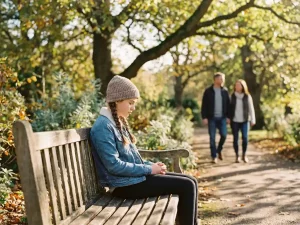 Tienermeisje zit nadenkend op parkbank terwijl ouders op respectvolle afstand in de achtergrond staan, warme middagzon filtert door groene bladeren