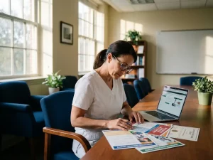 Verpleegkundige in witte uniform bestudeert educatieve brochures en certificaten aan houten tafel met laptop open