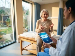 Zorgverlener met vertaal-app op tablet in gesprek met oudere patiënt in moderne spreekkamer met natuurlijk licht