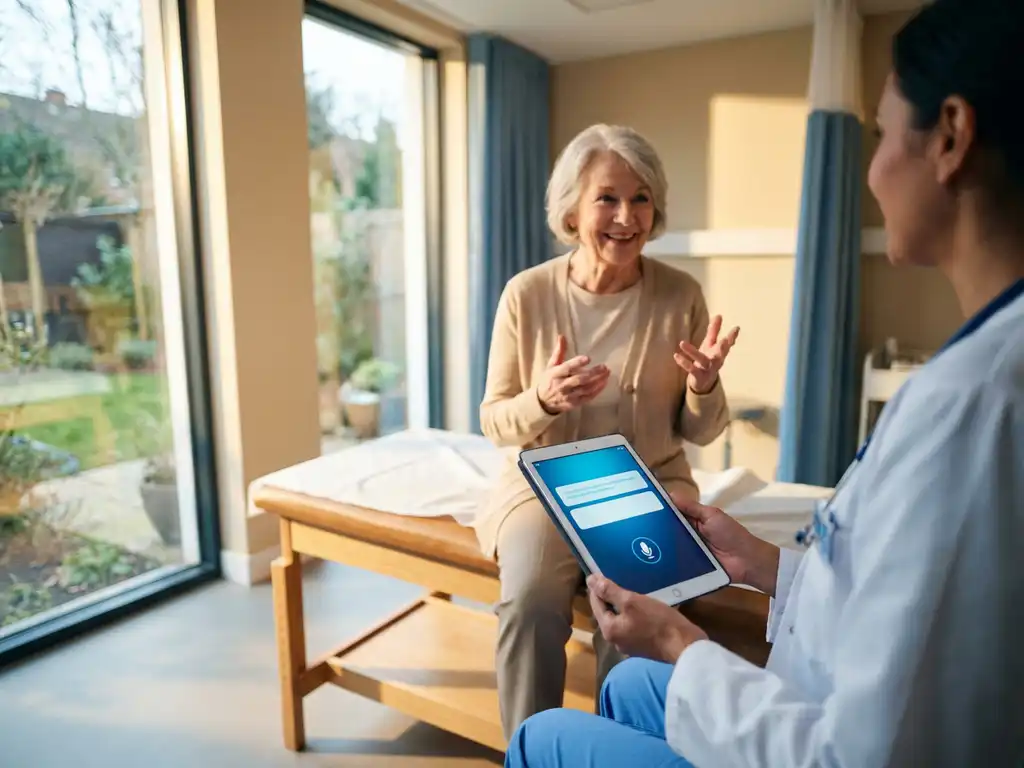Zorgverlener met vertaal-app op tablet in gesprek met oudere patiënt in moderne spreekkamer met natuurlijk licht