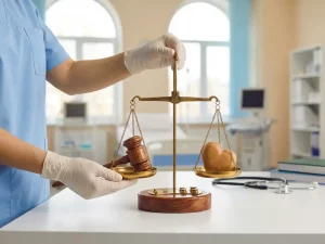 Zorgverlener houdt weegschaal vast met houten hamer en hartsymbool in moderne zorgtrainingsruimte
