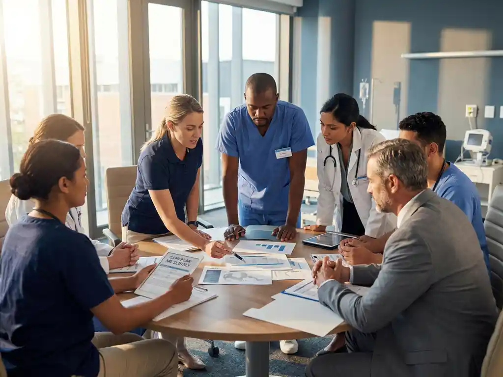 Diverse zorgteam bespreekt zorgplan van oudere patiënt rond conferentietafel in moderne vergaderruimte