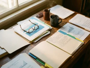 Zorgverlener bureau van bovenaf met open patiëntendossiers, leesbril, koffiekop en natuurlijk licht door raam