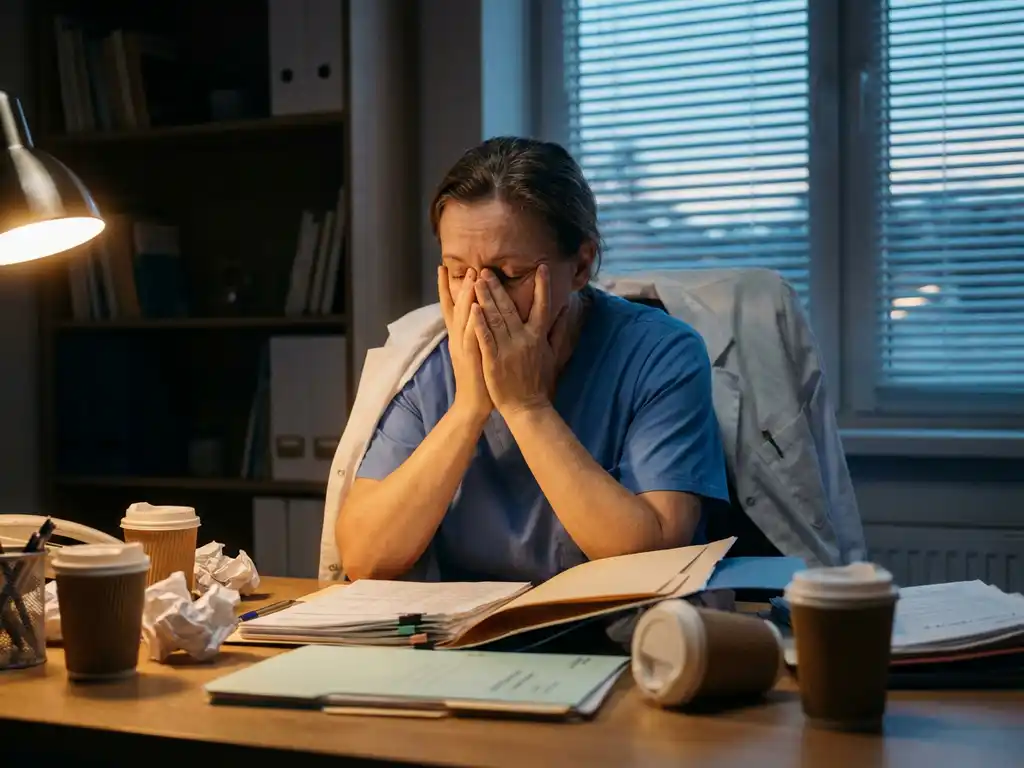 Uitgeputte zorgverlener met hoofd in handen aan rommelig bureau met patiëntendossiers en lege koffiekopjes