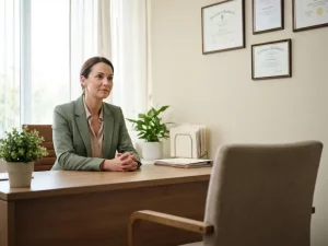 Zorgverlener zit kalm aan consultatiebureeau tegenover lege stoel in professionele medische praktijk met diploma's aan muur