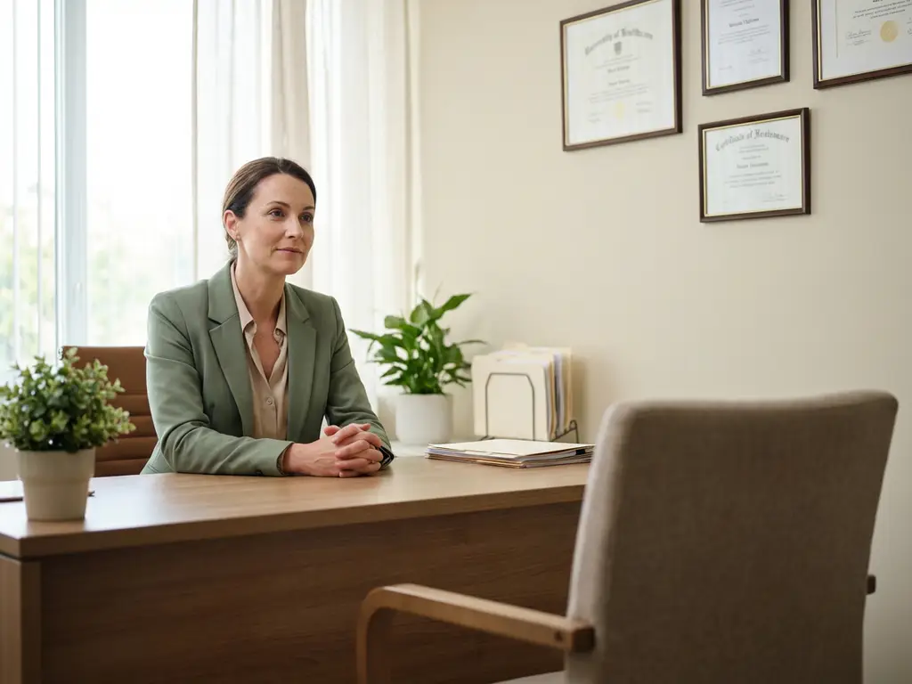 Zorgverlener zit kalm aan consultatiebureeau tegenover lege stoel in professionele medische praktijk met diploma's aan muur