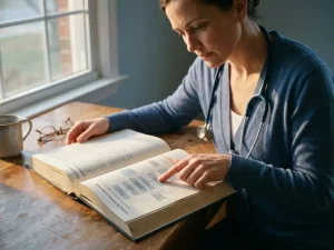 Zorgprofessional bestudeert cursuscatalogus op houten bureau met stethoscoop om nek in warm zonlicht