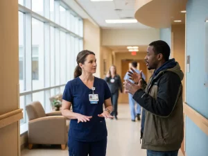 Zorgverlener in scrubs gebruikt kalmerende handgebaren tijdens gesprek met geagiteerde bezoeker in moderne ziekenhuisgang