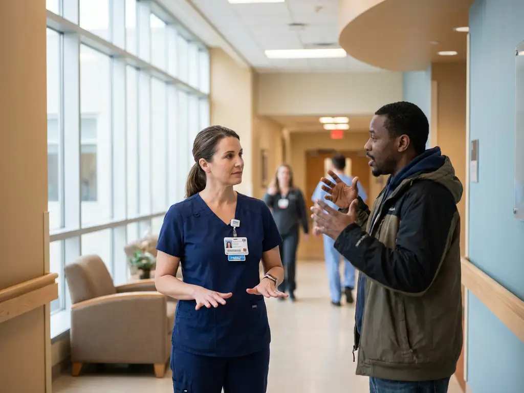 Zorgverlener in scrubs gebruikt kalmerende handgebaren tijdens gesprek met geagiteerde bezoeker in moderne ziekenhuisgang