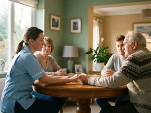 Zorgverlener en familieleden reiken ondersteunend naar elkaars handen tijdens warme consultatie in klinische ruimte
