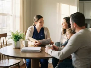 Zorgverlener houdt grensstellingsdocumenten vast tijdens warm gesprek met familie aan houten tafel in huiselijke setting