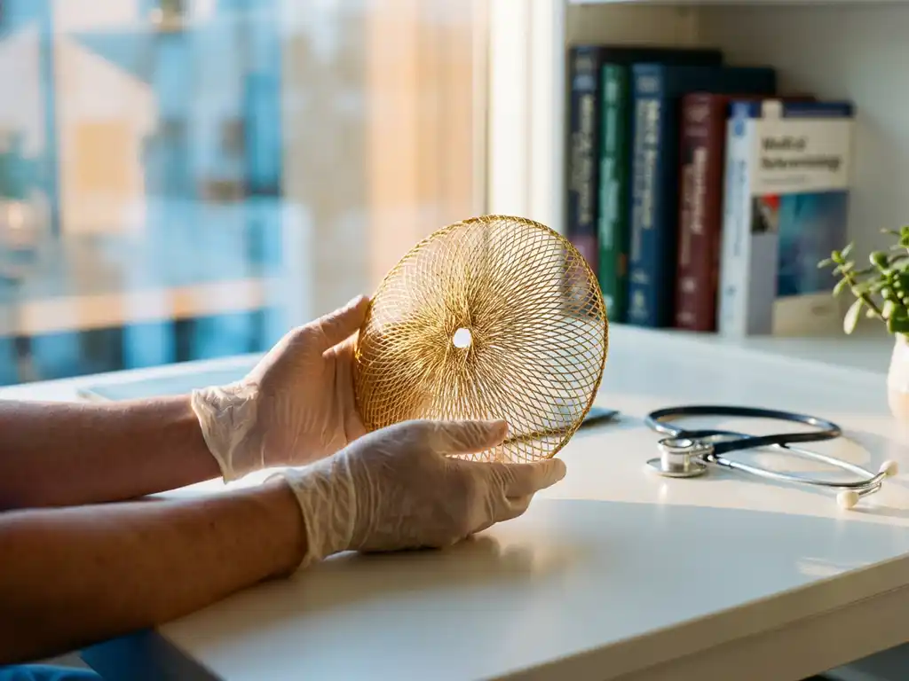 Zorgverlener houdt beschermend schild van gouden draden boven medisch bureau met natuurlijk licht