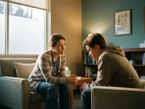Zorgverlener in gesprek met jongere in rustige consultatieruimte met warme belichting en comfortabele stoelen