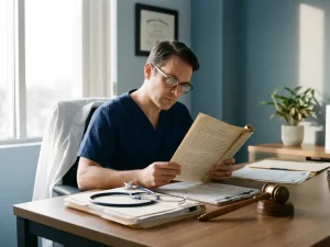 Zorgverlener in scrubs bestudeert juridisch document aan ziekenhuisbureau met stethoscoop en hamer