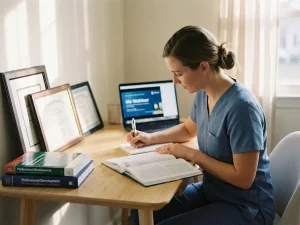 Zorgprofessional in scrubs leest medisch tijdschrift aan houten bureau met certificaten en laptop op achtergrond
