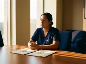 Zorgprofessional in scrubs zit nadenkend aan houten vergadertafel met medische en juridische mappen, natuurlijk licht door ramen