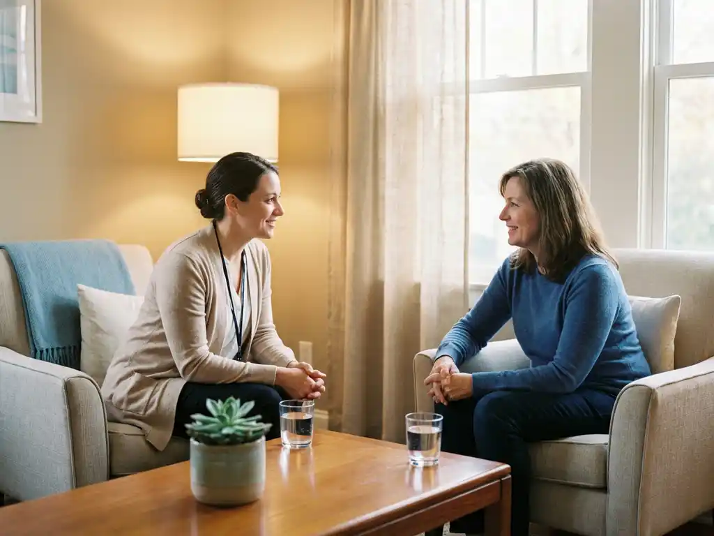 Zorgverlener en patiënt in gesprek aan houten tafel in warme, zachtblauw ingerichte spreekkamer met natuurlijk licht
