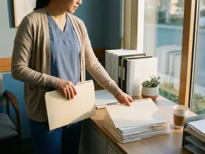 Zorgverlener sluit patiëntendossier aan moderne kliniekbalie terwijl warm middaglicht door ramen valt