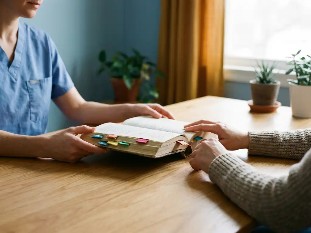 Zorgverlener houdt opengeslagen boek met kleurrijke bladwijzers vast terwijl patiënt handen uitstrekt over houten consultatietafel