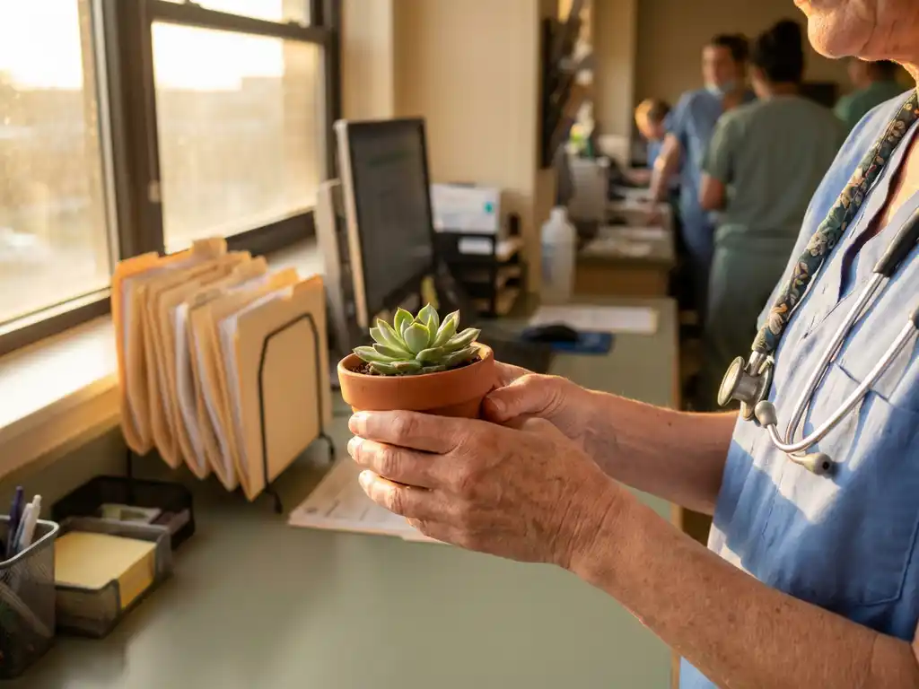Zorgverlener houdt voorzichtig kleine vetplant vast aan druk ziekenhuiswerkstation met stethoscoop en patiëntendossiers
