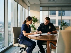 Zorgverlener in scrubs en politieagent in uniform voeren gesprek aan ronde vergadertafel in moderne kamer met natuurlijk licht