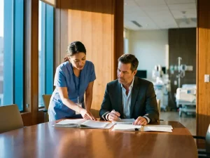 Zorgverlener in scrubs en specialist consultant bespreken medische dossiers aan houten vergadertafel in moderne zorgfaciliteit