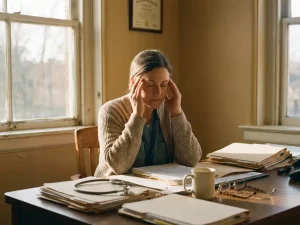 Zorgverlener met handen tegen slapen zittend aan houten bureau met patiëntendossiers en stethoscoop in warm licht