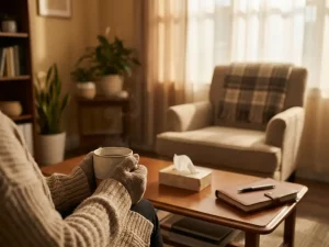 Zorgverlener houdt theekop in rustige counselingkamer met lege stoel, tissues en notitieblok op houten tafel