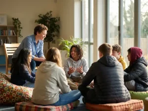 Zorgverlener in gesprek met diverse groep tieners in moderne gemeenschapsruimte met kleurrijke zitzakken