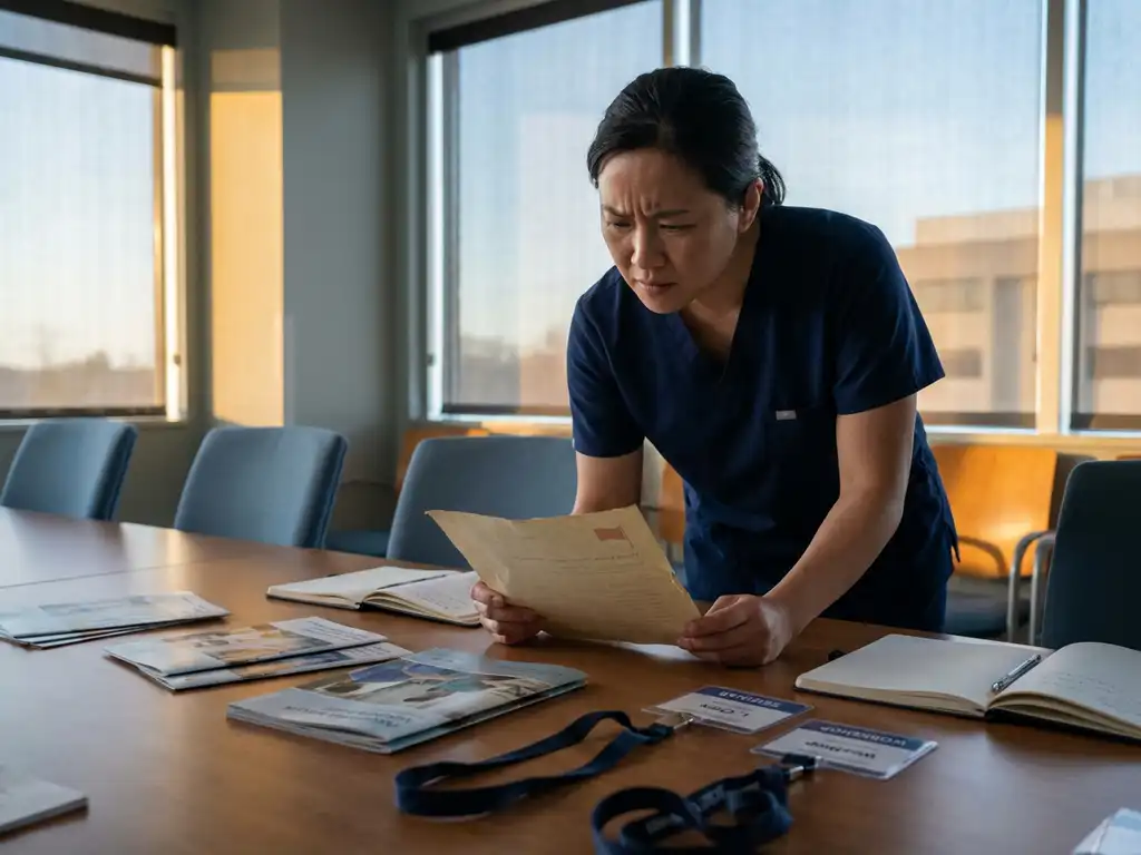 Zorgprofessional in scrubs bestudeert document aan moderne conferentietafel tijdens medisch seminar met educatieve materialen