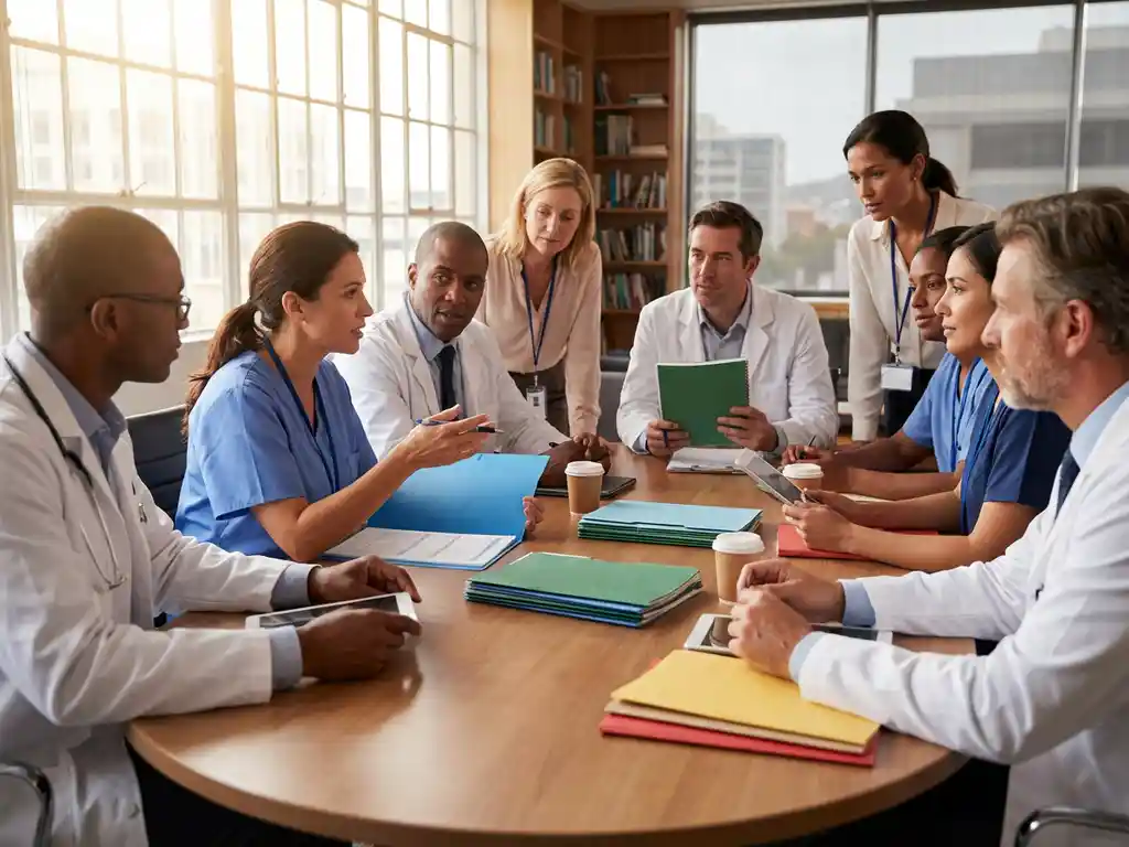 Diverse zorgprofessionals in geanimeerde discussie rond houten vergadertafel met gekleurde mappen en warme natuurlijke verlichting