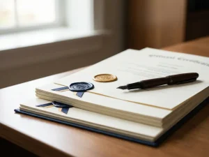 Stapel officiële certificeringsdocumenten met goedkeuringsstempels op een klinisch bureau, vulpen liggend op bovenste pagina, zacht natuurlijk licht.