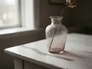 Verweerde glazen vaas met haarscheurtje op wit oppervlak, zacht natuurlijk licht werpt lange schaduw, melancholische sfeer.