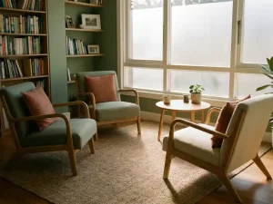 Gezinstherapeut in warme behandelkamer met drie stoelen in een cirkel, zacht middaglicht door matglas, linnen kussens en houten poten.