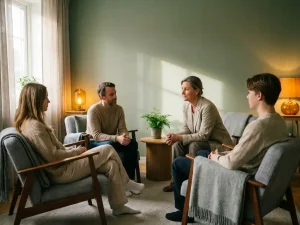 Gezin van vier personen in gesprek met een aandachtige therapeut in een rustige, warmverlichte therapiekamer met saliegroen muren.